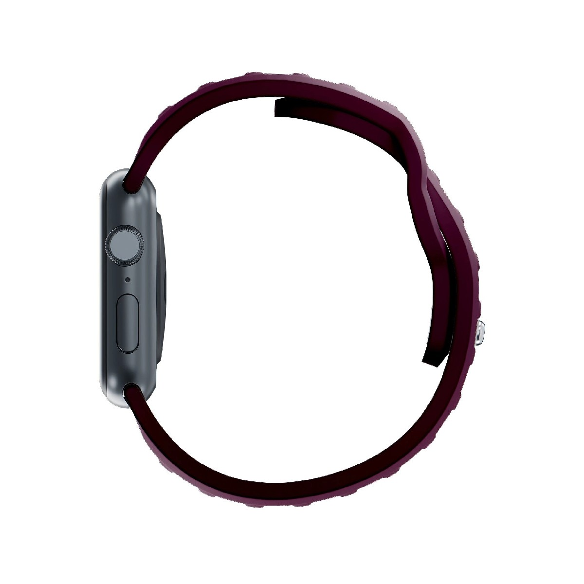 Szara smartwatc z ciemnofioletową opaską, widok z boku.