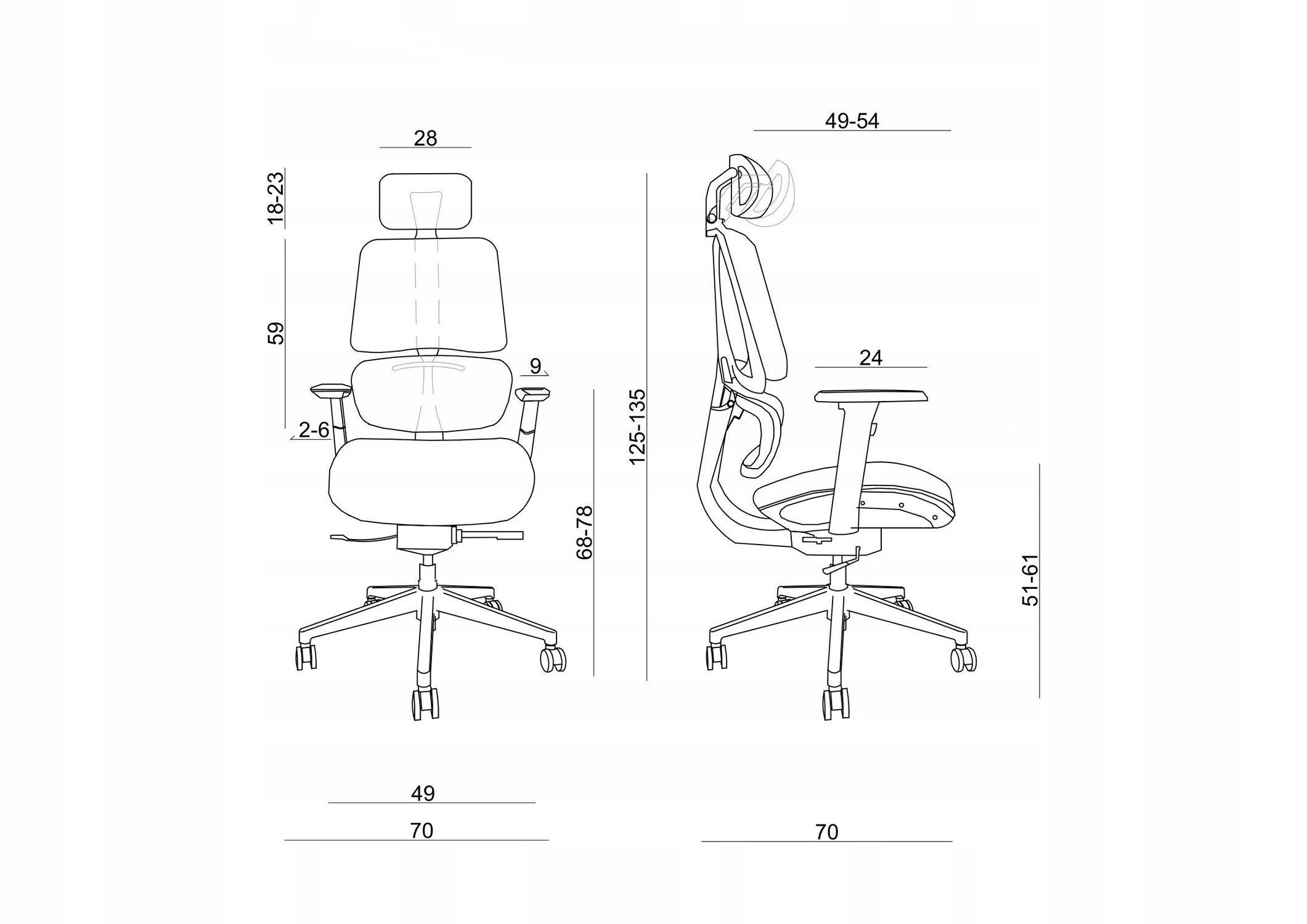 Rysunek techniczny krzesła biurowego z wymiarami i zakresami regulacji.