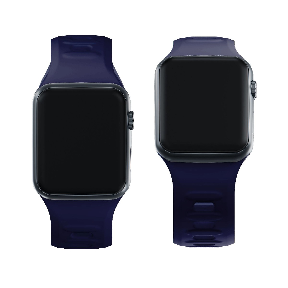 Dwa ciemnoniebieskie smartwatche obok siebie z ciemnymi ekranami.