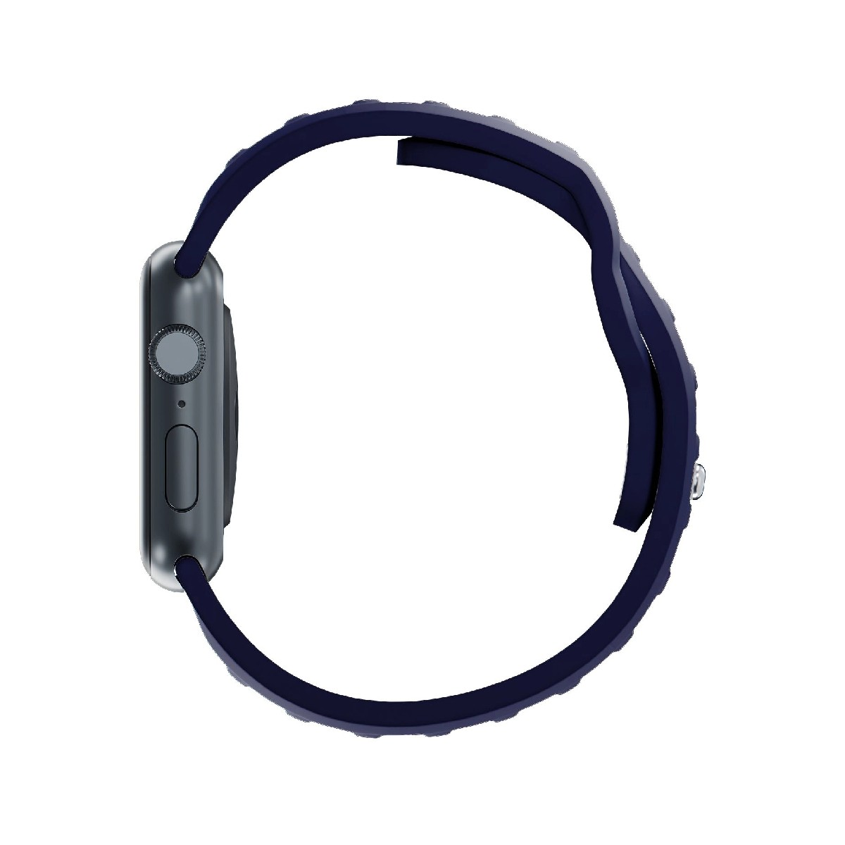 Ciemnoszary smartwatch z granatowym paskiem, widziany z boku.