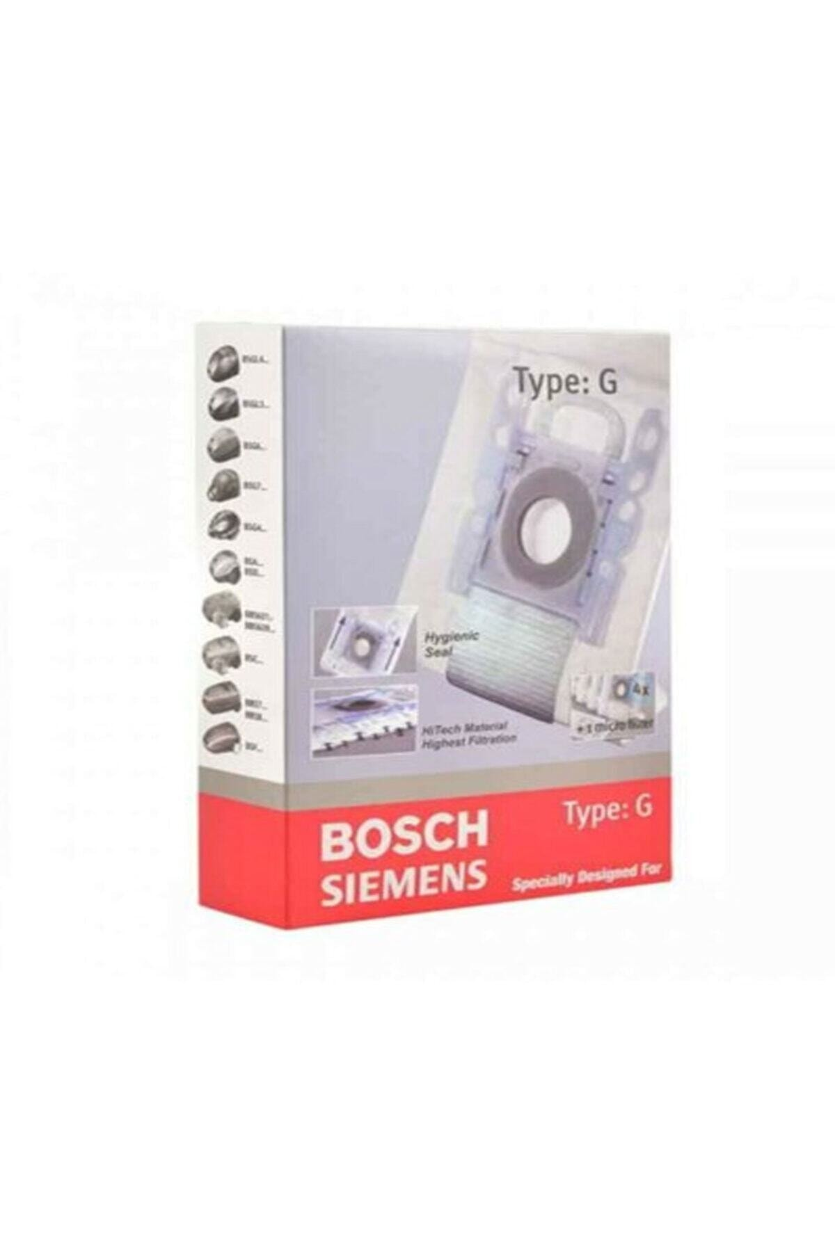 Bosch/Siemens Tip G elektrikli süpürge torbası ambalajı vurgularla.