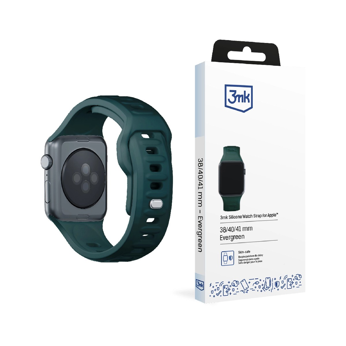 Ciemnozielony silikonowy pasek do Apple Watch obok opakowania.