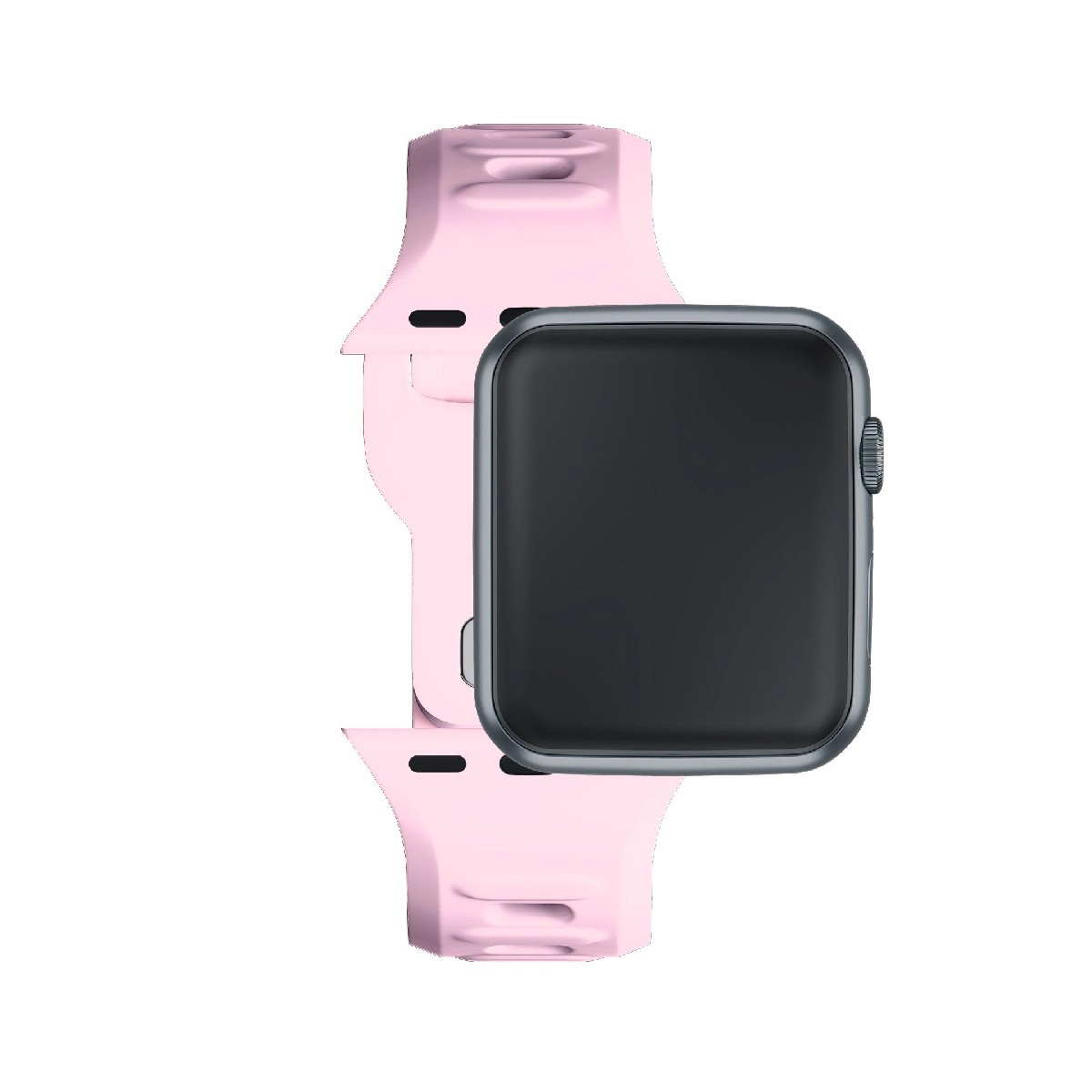 Różowy smartwatch z ciemnym ekranem na białym tle.