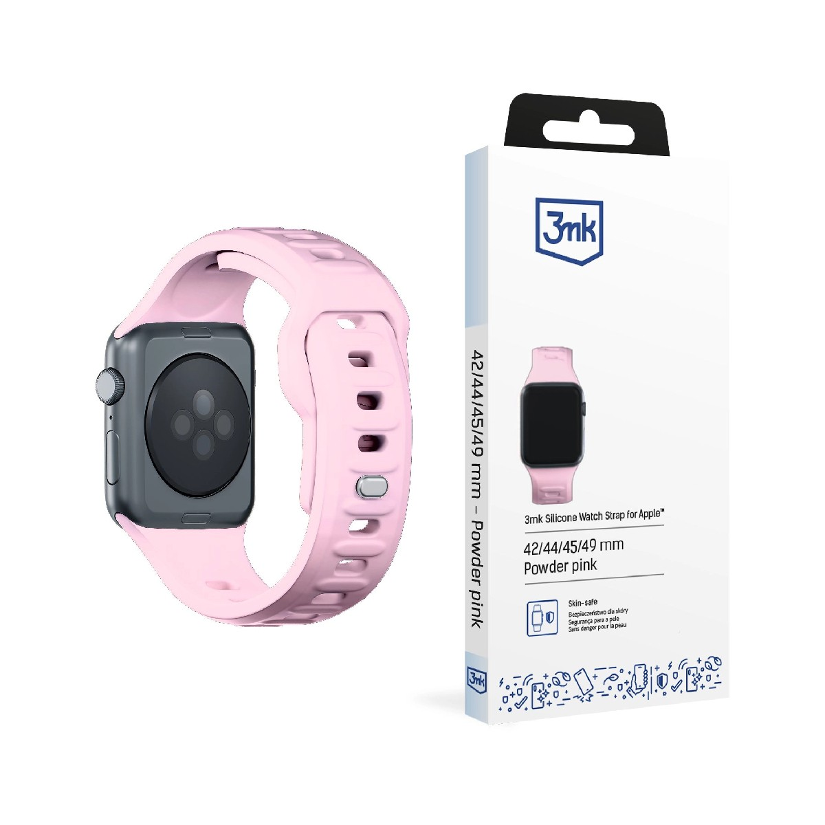 Szara koperta Apple Watch z jasnoróżową silikonową bransoletą obok opakowania.