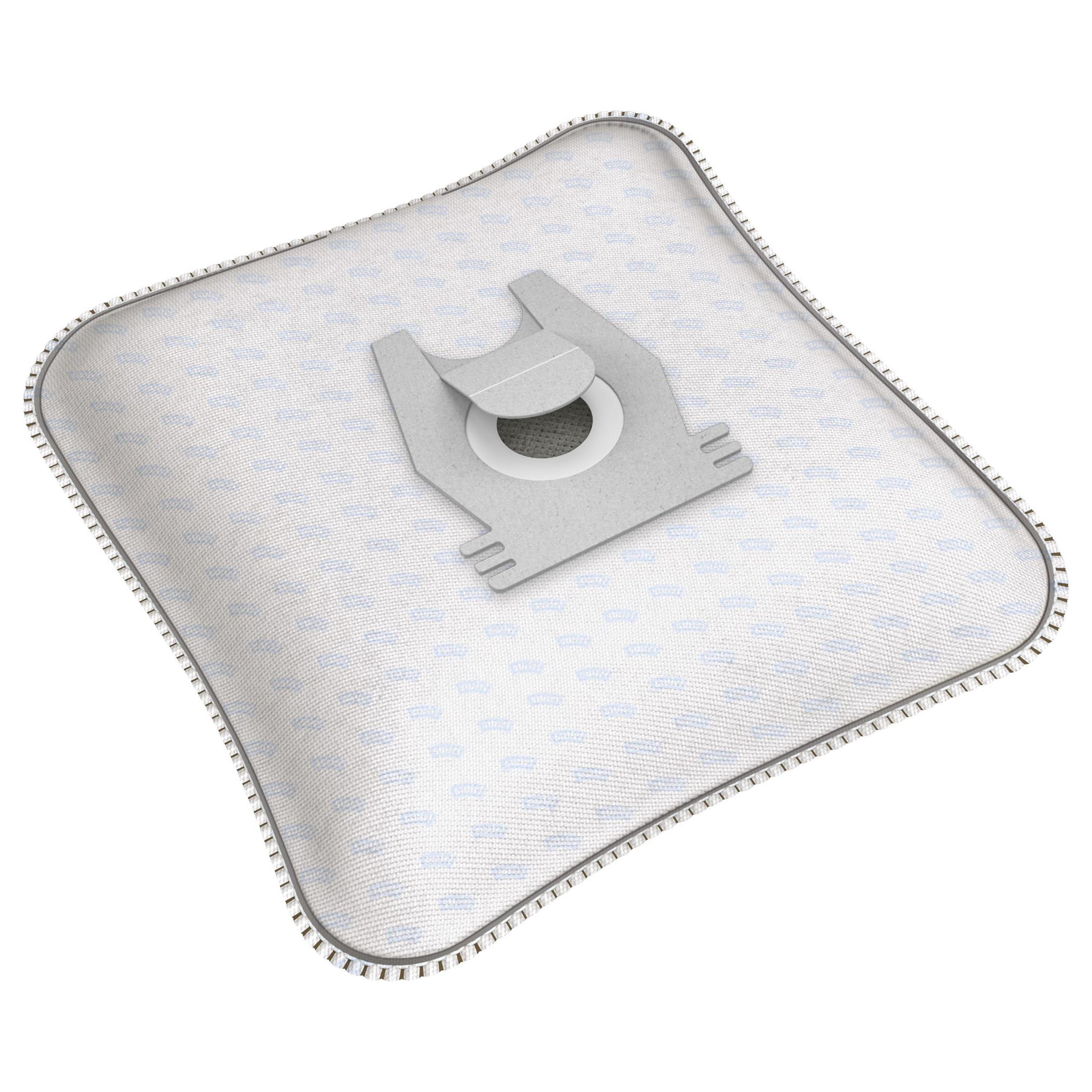 Bolsa de aspiradora blanca con patrón azul y abertura de conexión gris.