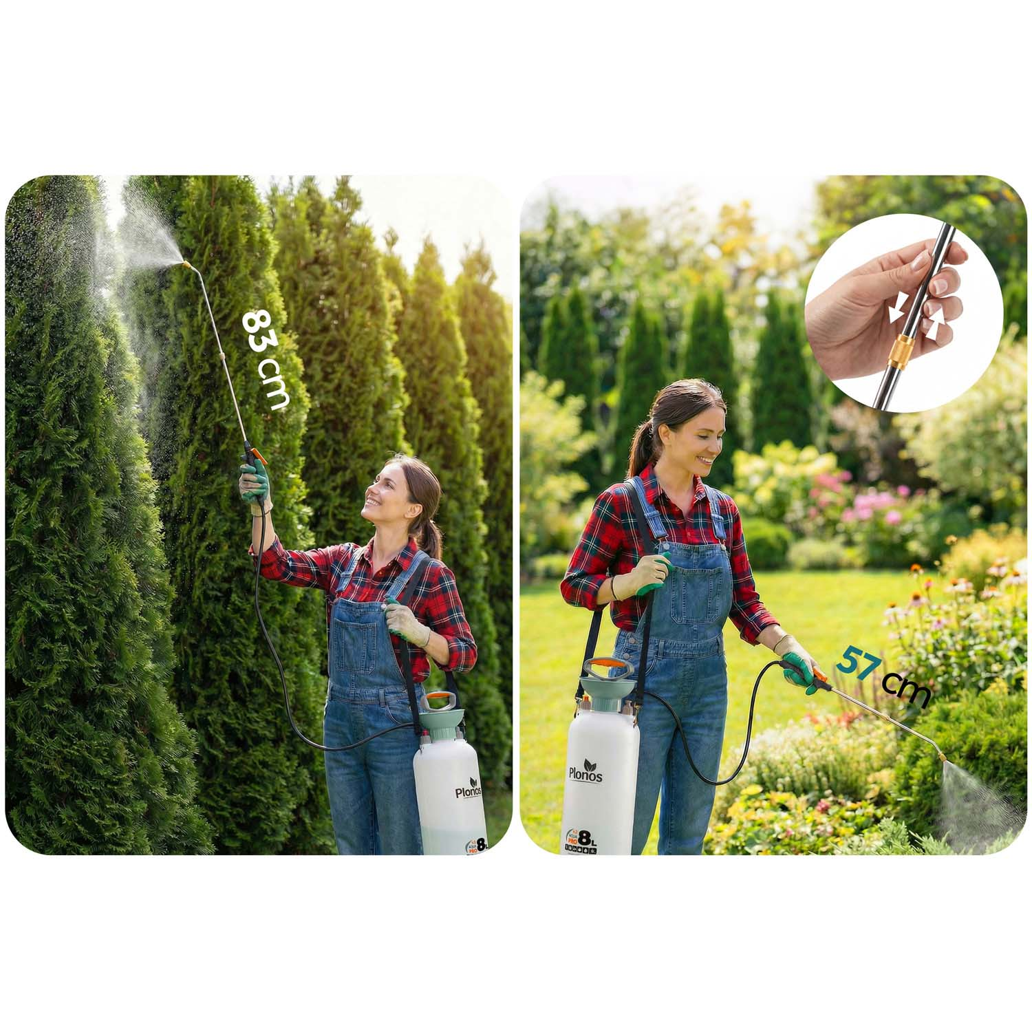 Kobieta spryskuje drzewa 83 cm lancą i kwiaty 57 cm lancą.