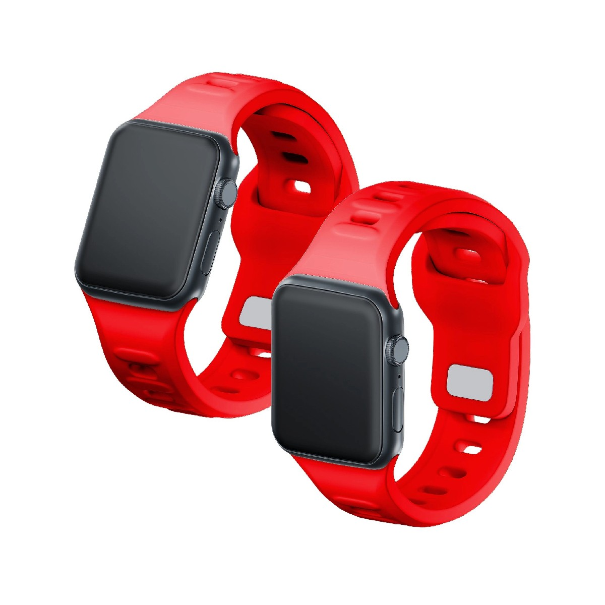 Dwa czerwone paski do Apple Watch z czarnymi tarczami na białym tle.