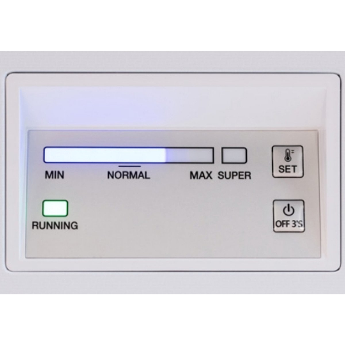 Panel sterowania z ustawieniami MIN, NORMAL, MAX SUPER i kontrolką RUNNING.