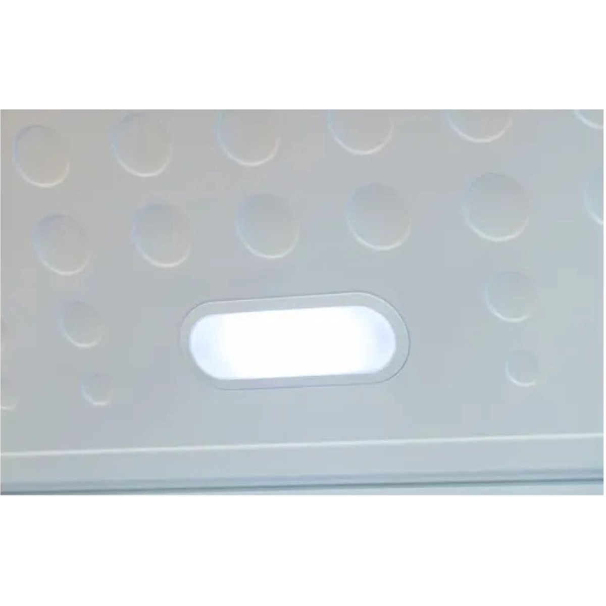 Widok wnętrza lodówki z owalnym światłem i okrągłymi wgłębieniami.