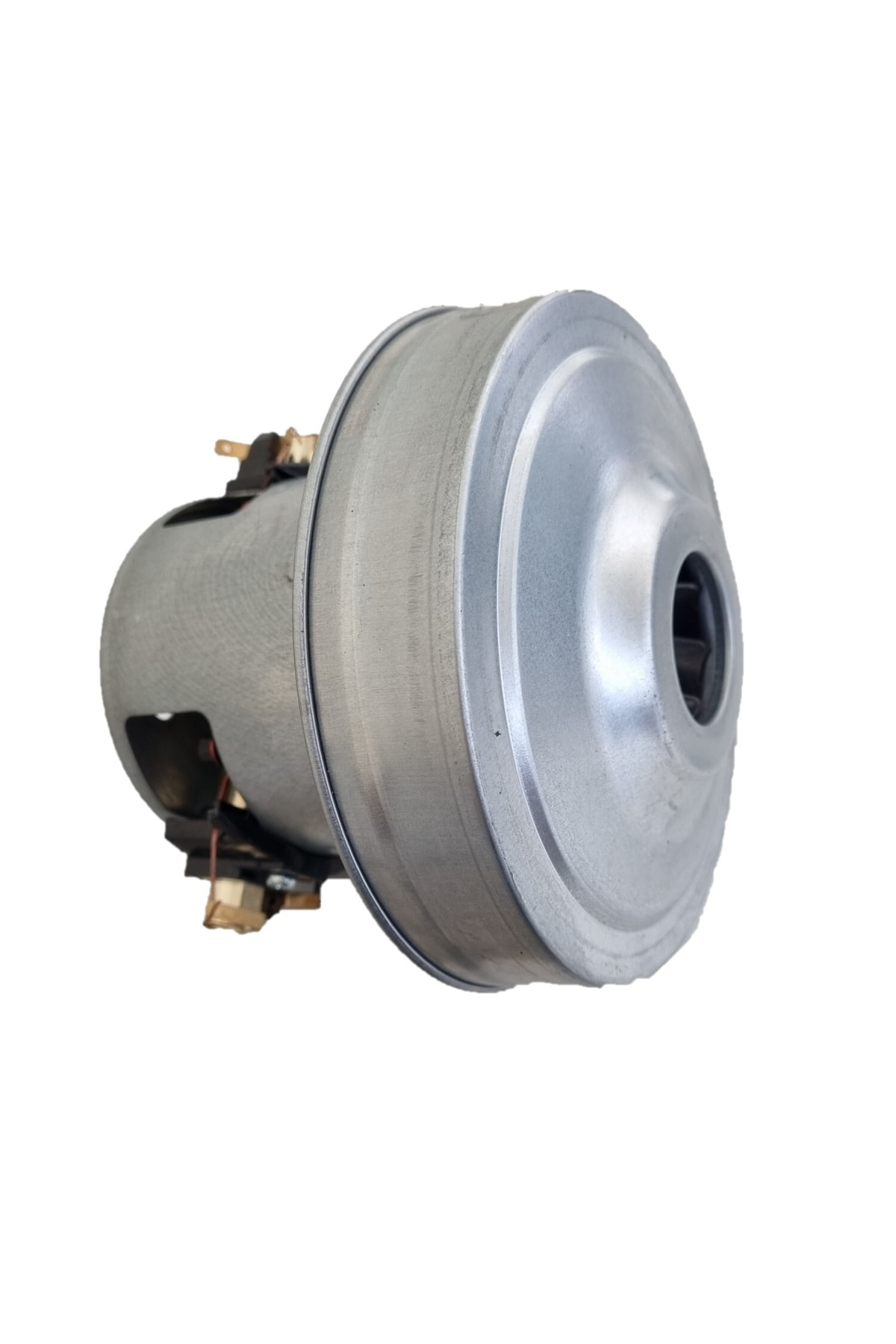 Metal gövdeli ve elektrik bağlantılı gümüş renkli vakum motoru.