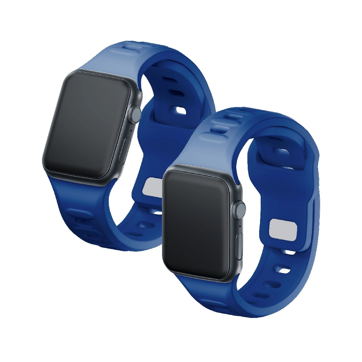 Dwa niebieskie smartwatche z ciemnymi ekranami i ciemnymi paskami.
