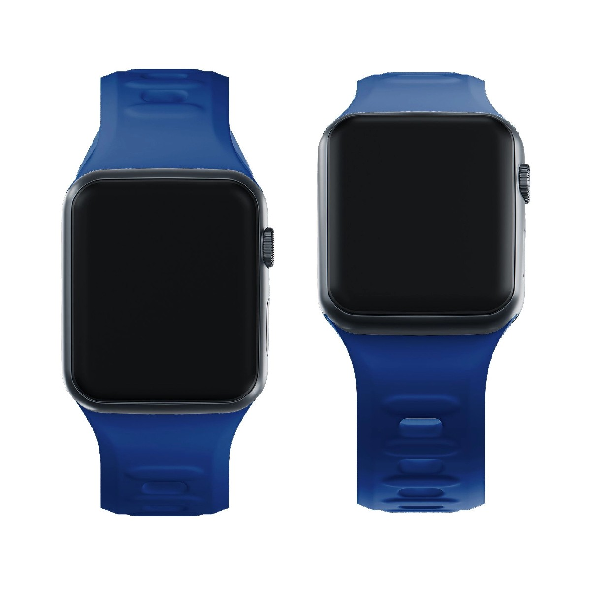 Dwa niebieskie smartwatche z czarnymi ekranami, obok siebie na białym tle.