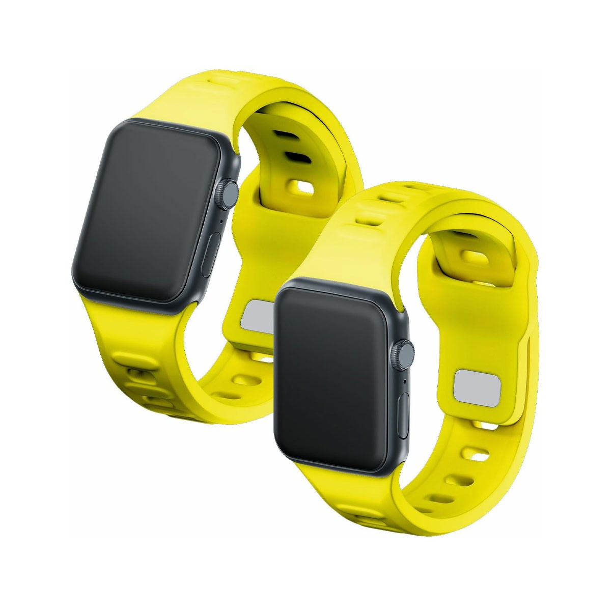 Dwa jaskrawożółte smartwatche z czarnymi ekranami i szarymi przyciskami na białym tle.