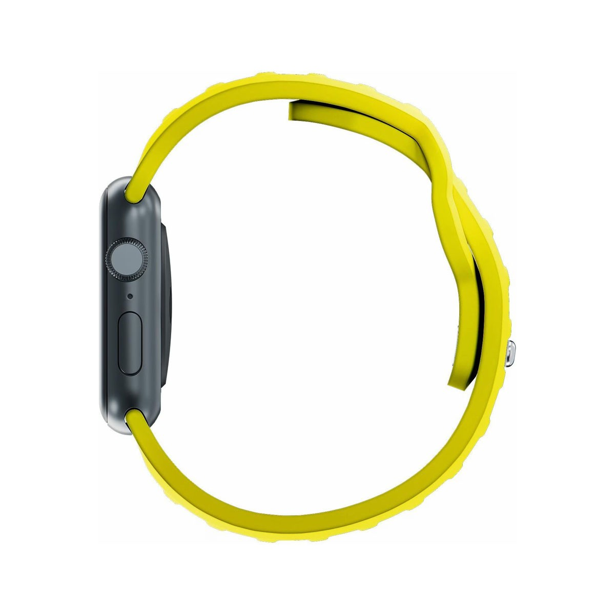 Ciemnoszary smartwatch z jaskrawożółtym paskiem pokazany z profilu na białym tle.