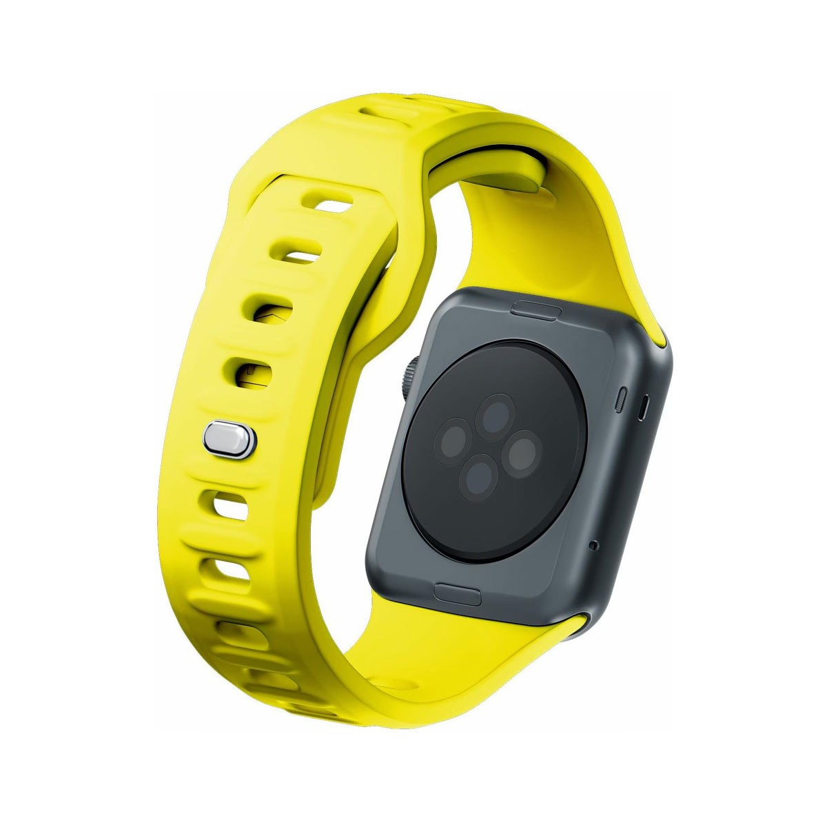 Żółty smartwatch z czarną obudową, pokazujący cztery czujniki z tyłu.