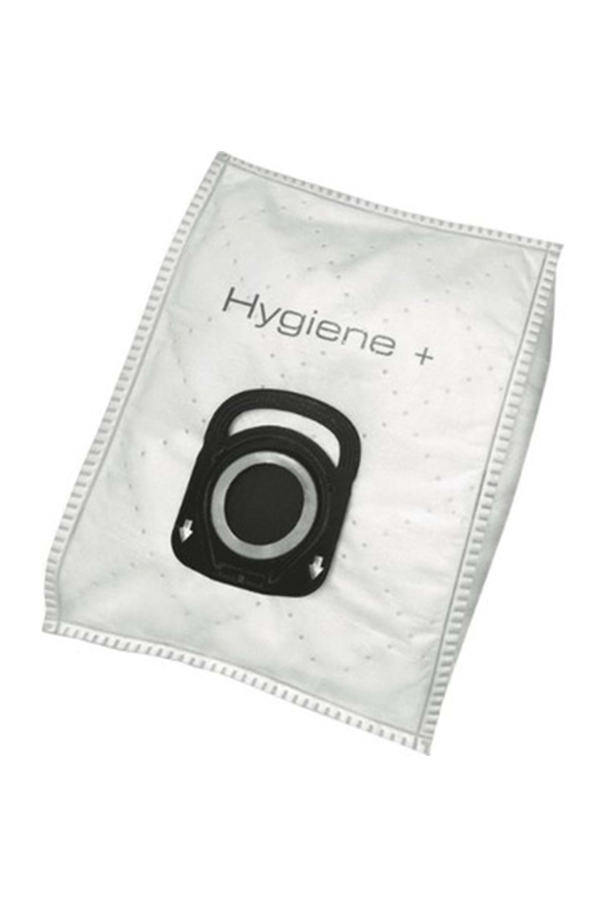 Siyah bağlantılı beyaz toz torbası ve 'Hygiene +' baskısı.