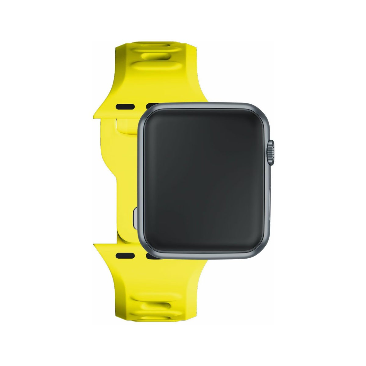 Żółta opaska zegarka z ciemnym prostokątnym ekranem.