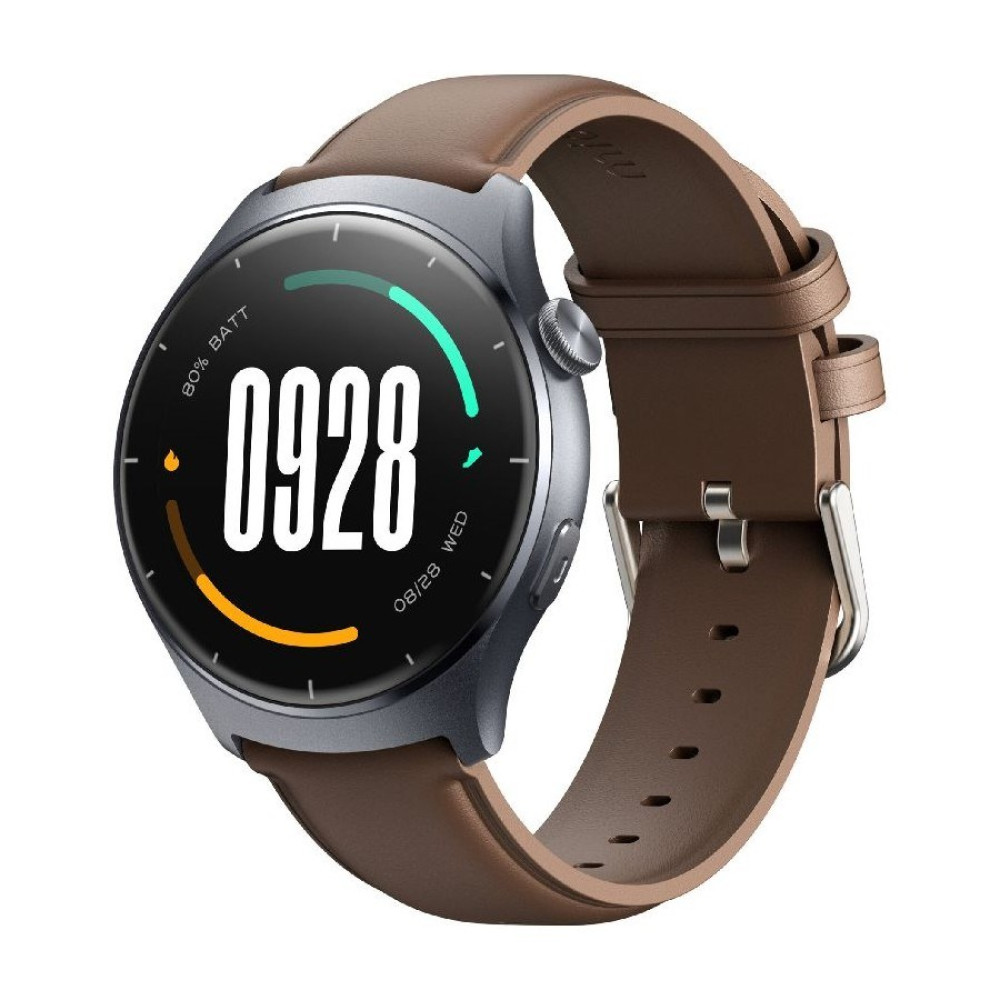 Szary smartwatch z brązowym skórzanym paskiem i cyfrowym wyświetlaczem.