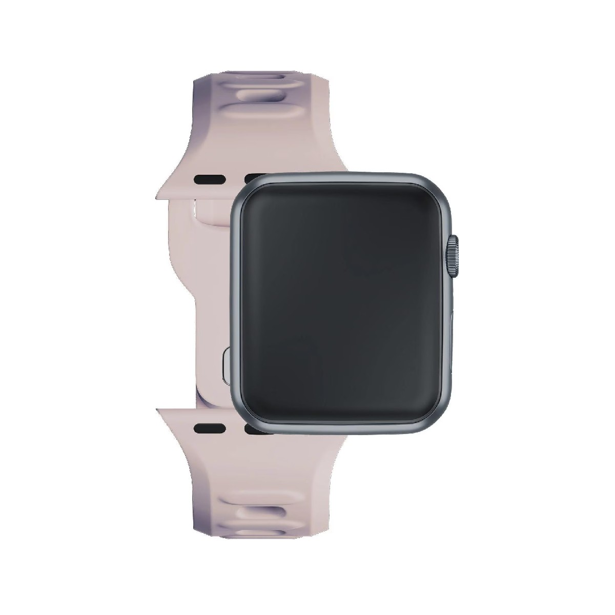 Szary smartwatch z różową bransoletą na białym tle.
