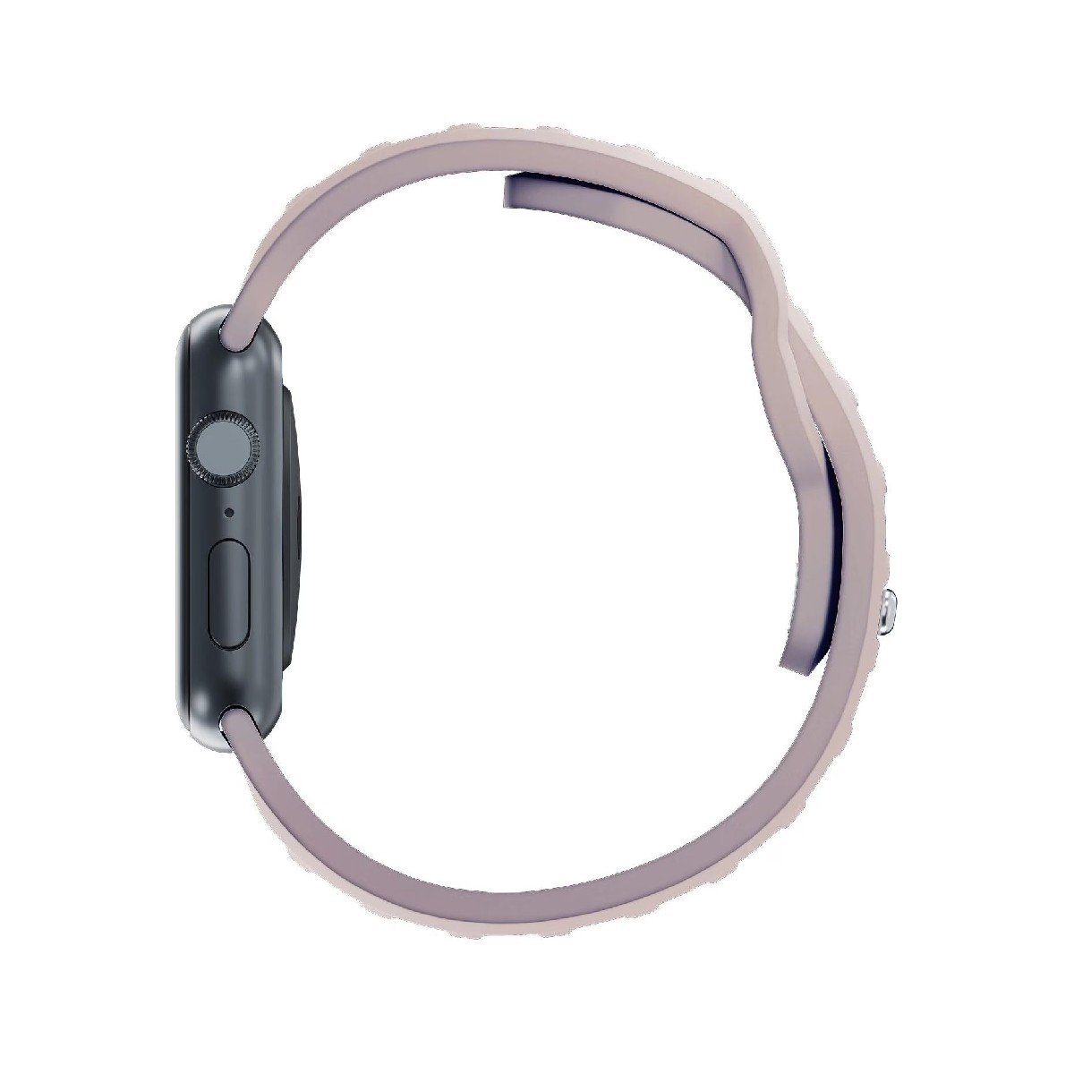 Szary smartwatch z jasną bransoletą, widok z profilu na białym tle.