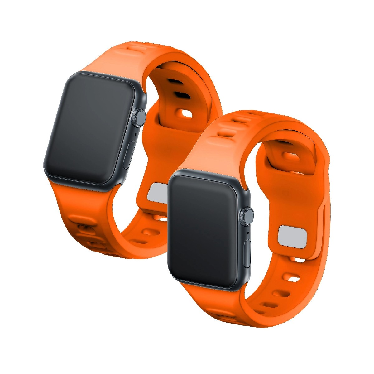 Due smartwatch arancioni con schermi scuri e custodie nere.
