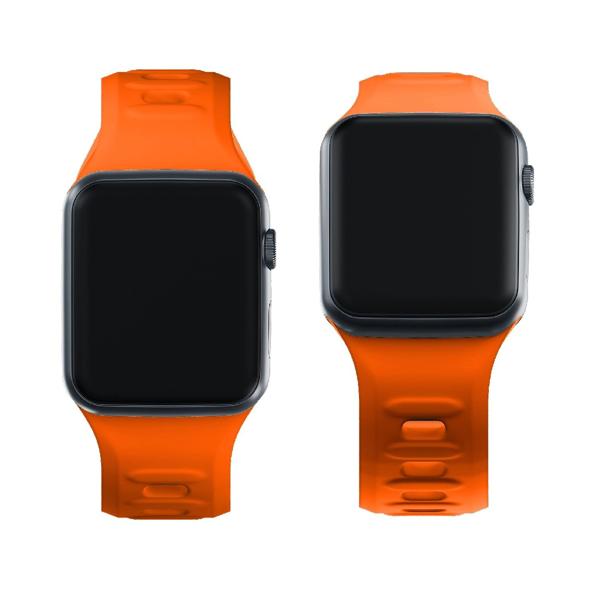 Due smartwatch arancioni con schermi neri uno accanto all'altro.