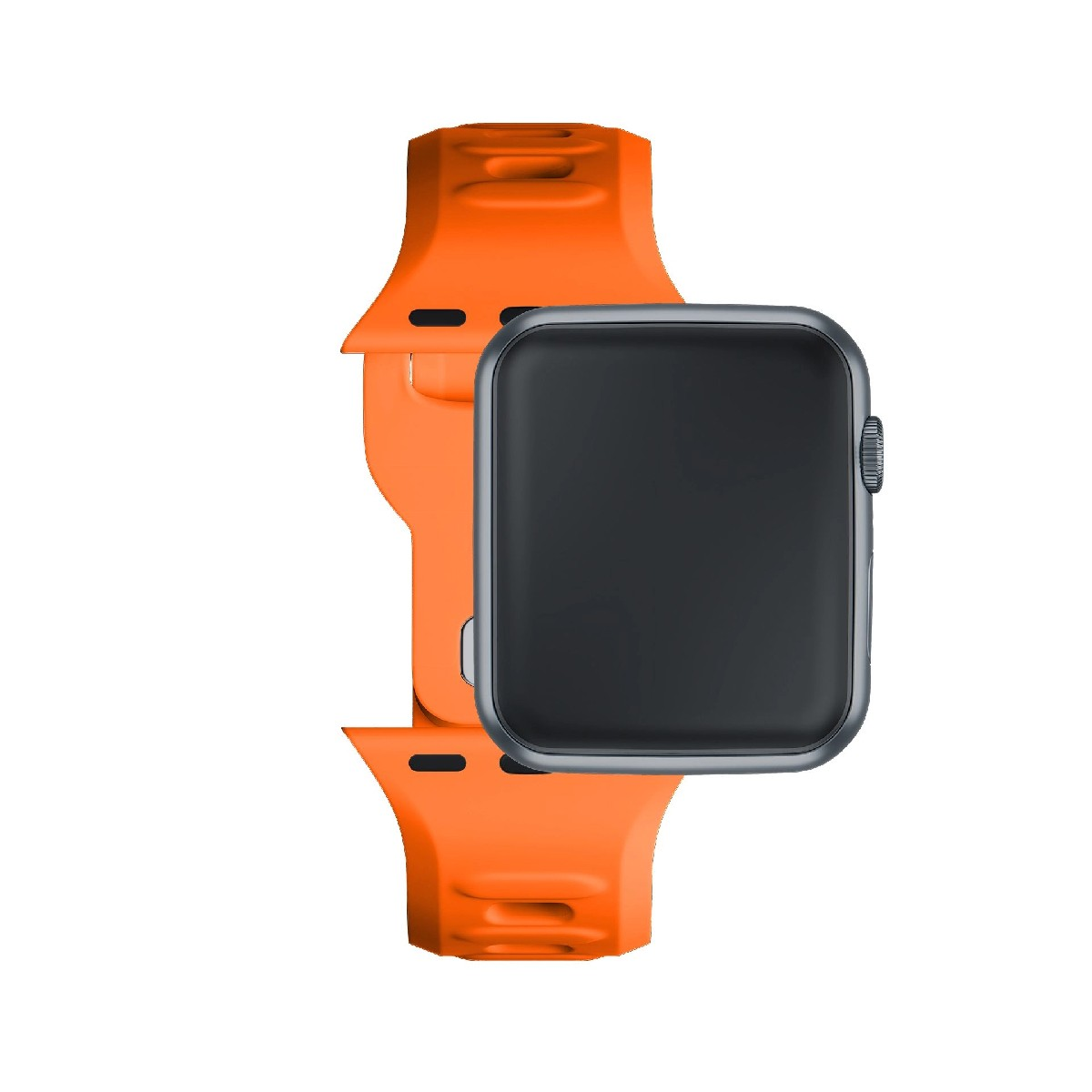 Uno smartwatch arancione con schermo scuro su sfondo bianco.