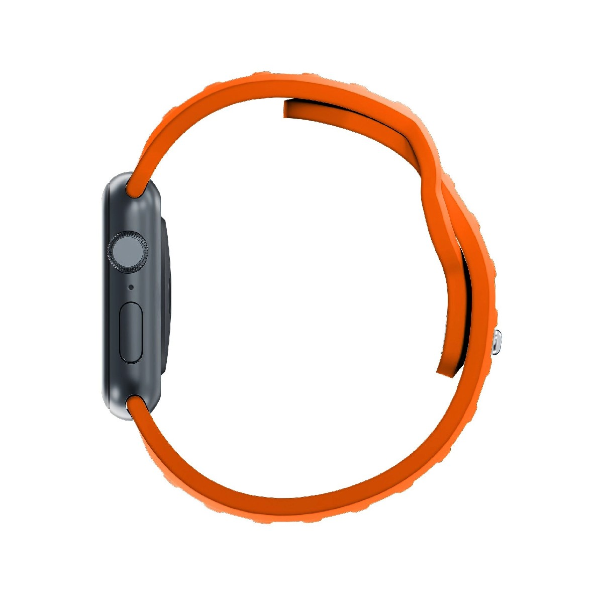 Orologio smartwatch grigio scuro con cinturino arancione brillante, mostrato di lato.