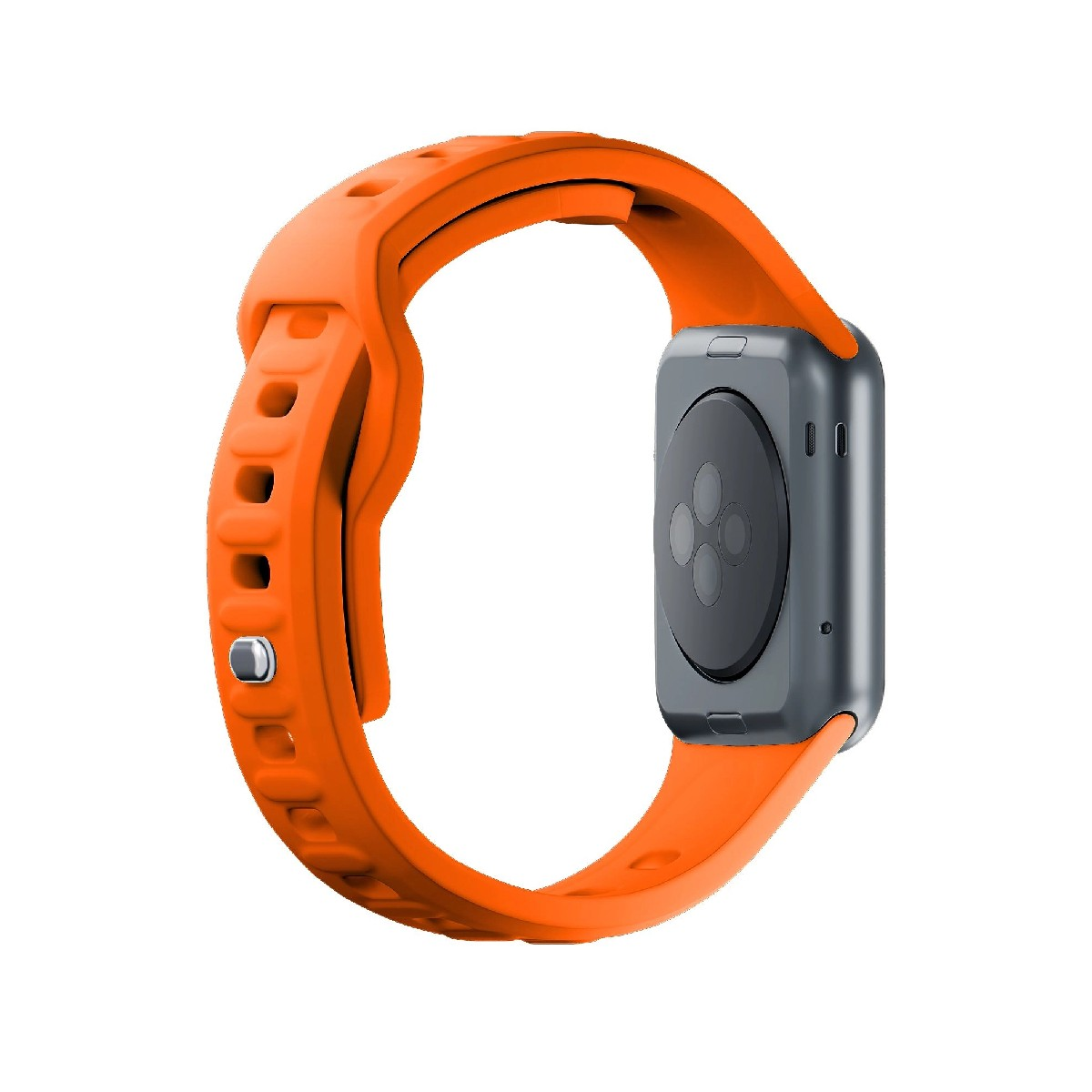 Cinturino arancione attaccato a una cassa di smartwatch grigia, retro visibile.