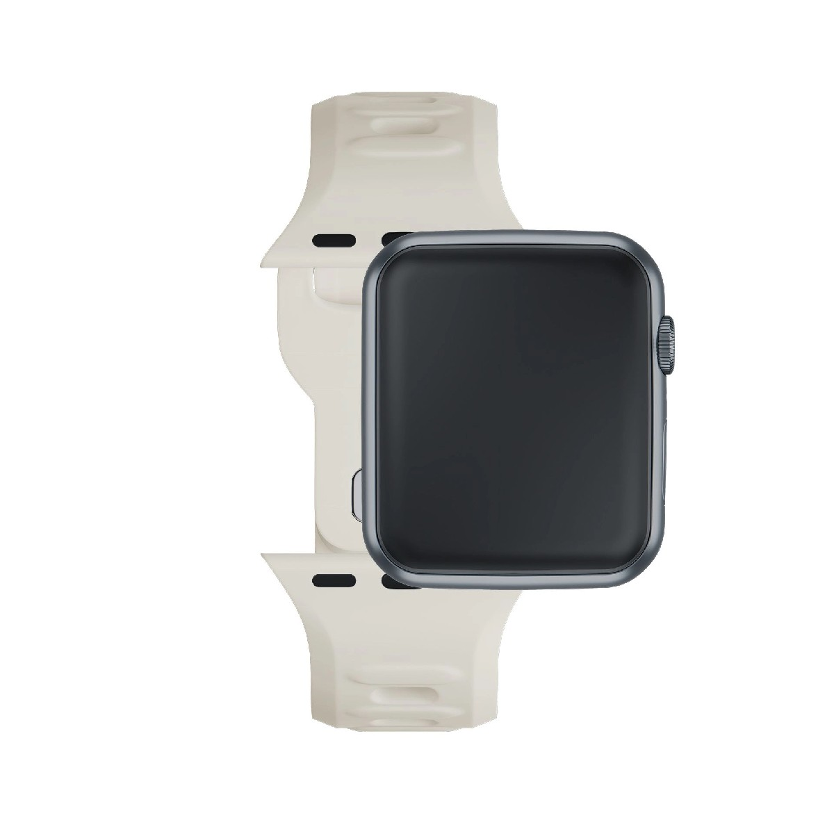 Szary smartwatch z jasnobeżowym paskiem, na białym tle.