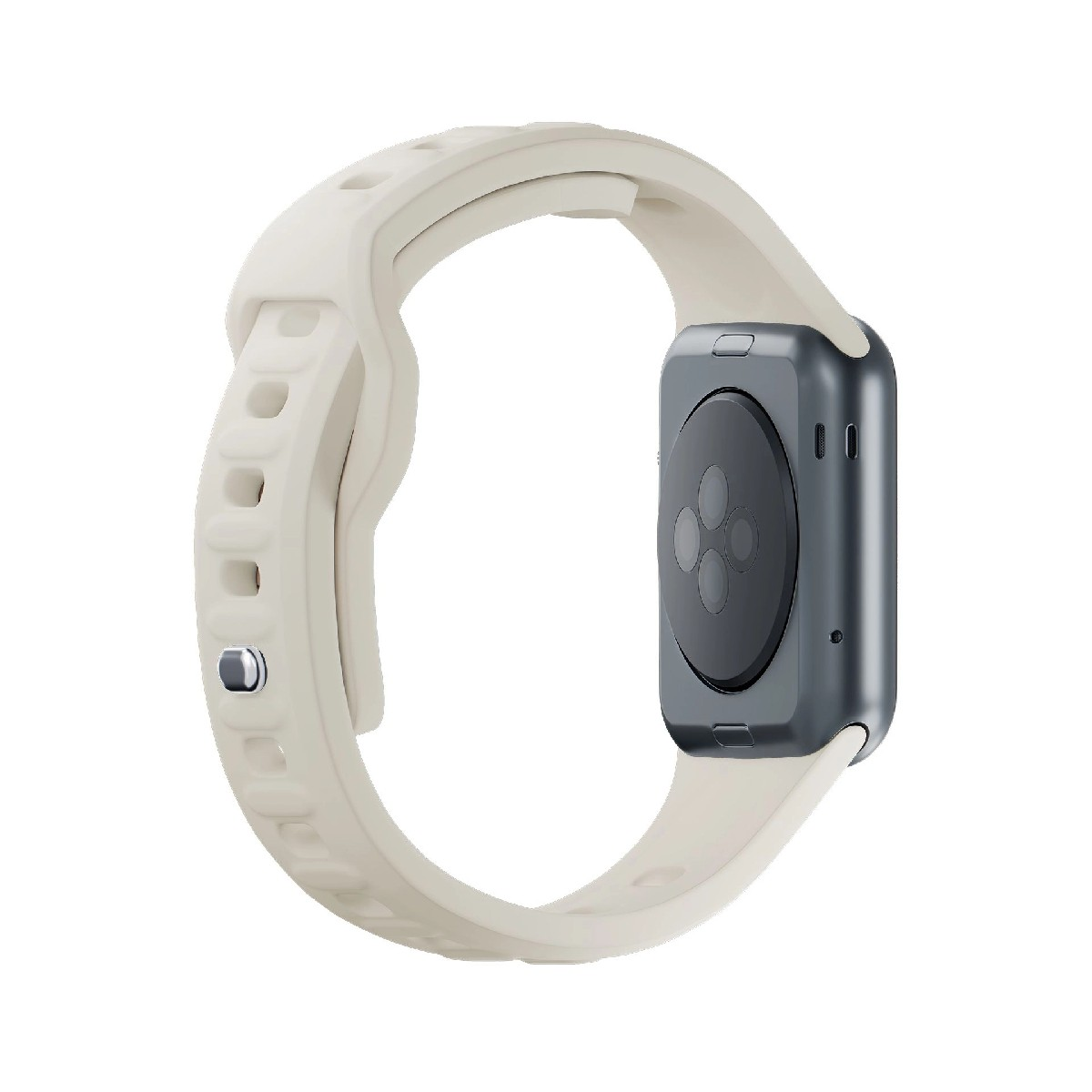 Kremowy pasek do smartwatcha z szarą obudową, pokazującą cztery okręgi z tyłu.