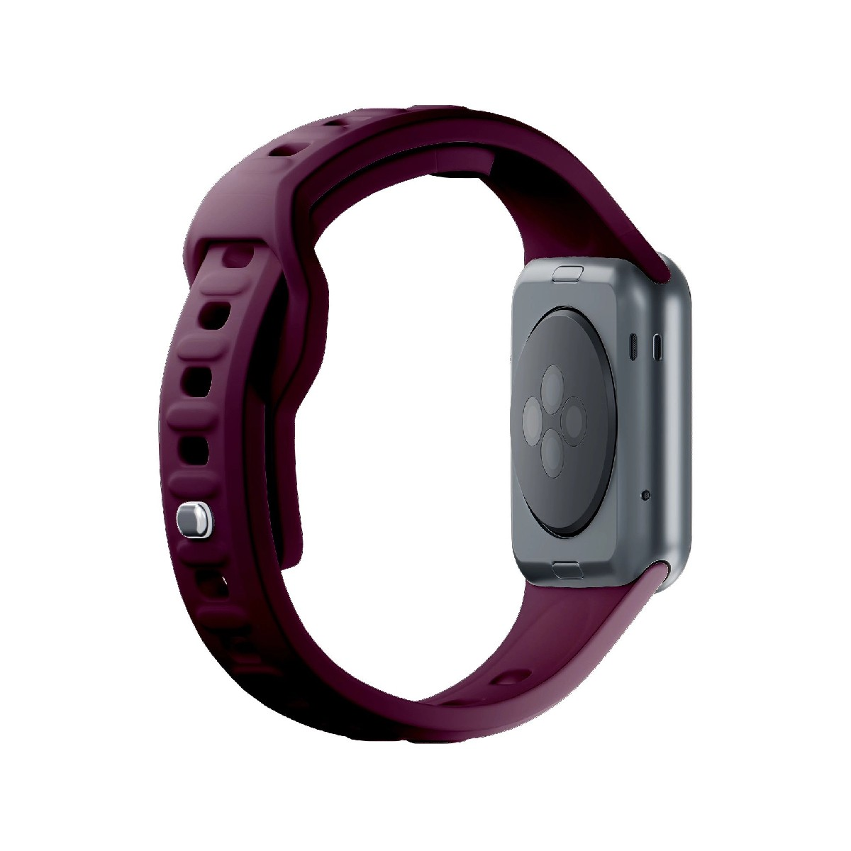 Ciemnoczerwony smartwatch z szarą obudową i czujnikami z tyłu.