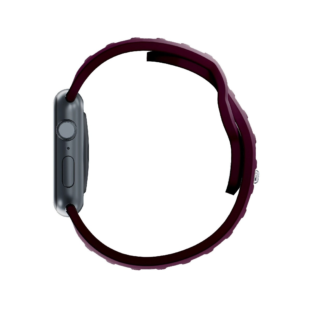 Ciemnoszary smartwatch z ciemnoczerwonym paskiem, widziany z boku.