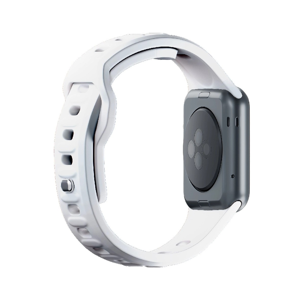 Szary smartwatch z białym paskiem i otworami wentylacyjnymi.