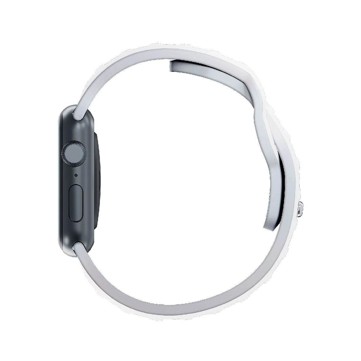 Szary smartwatch z białym paskiem, widok z boku.