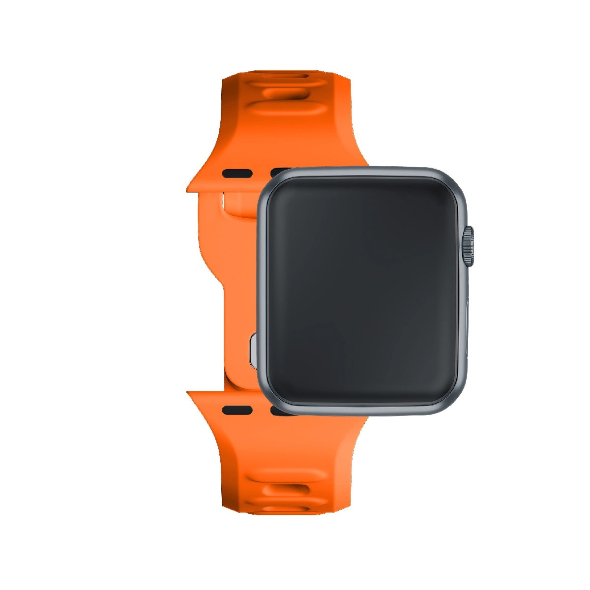 Cyfrowy smartwatch z czarnym ekranem i pomarańczową bransoletą.