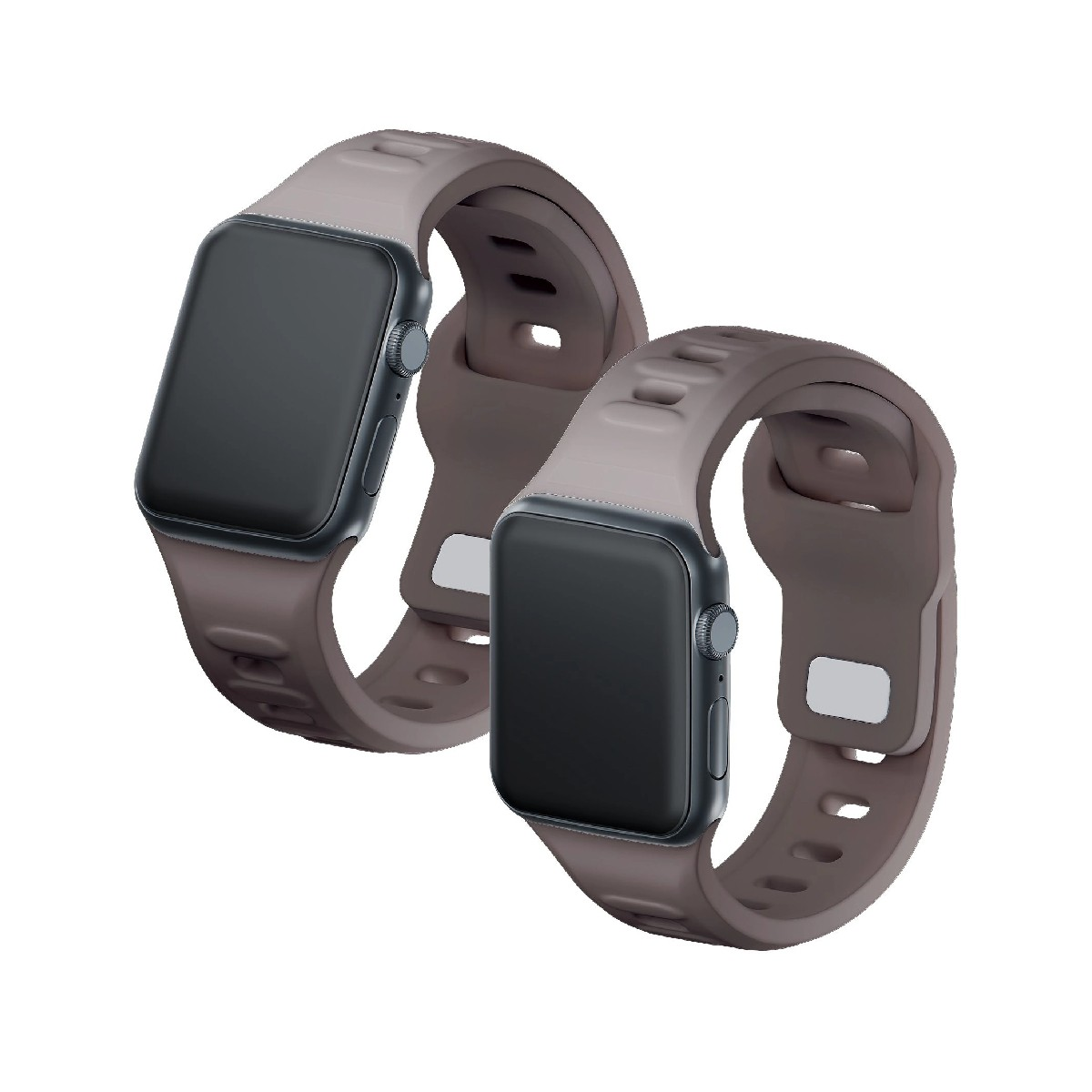 Dwa szarobrązowe smartwatche z ciemnymi ekranami i ramkami.