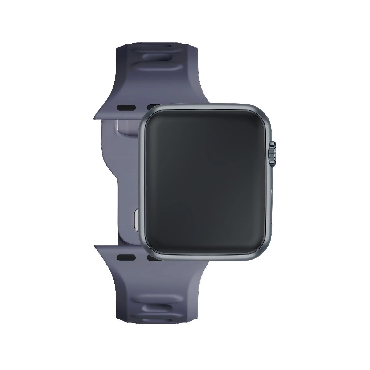 Ciemnoszary smartwatch z czarnym ekranem i paskiem.