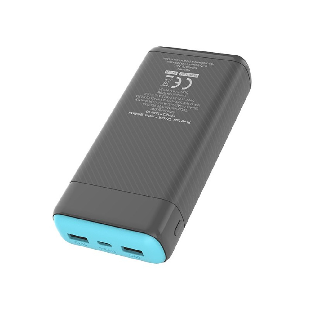 Szary power bank z niebieskim wykończeniem, dwa porty USB-A i jeden USB-C.