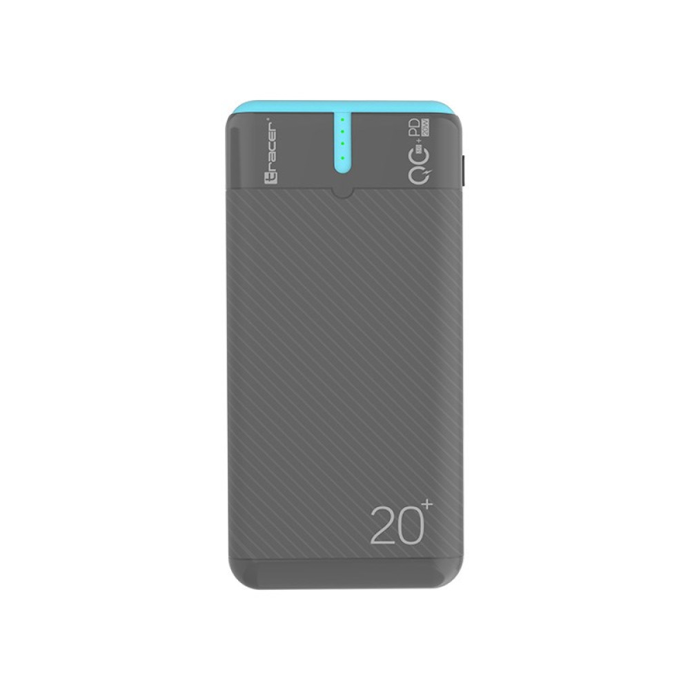 Szary power bank z niebieskim paskiem, logo QC+PD 20W i znakiem 20+.