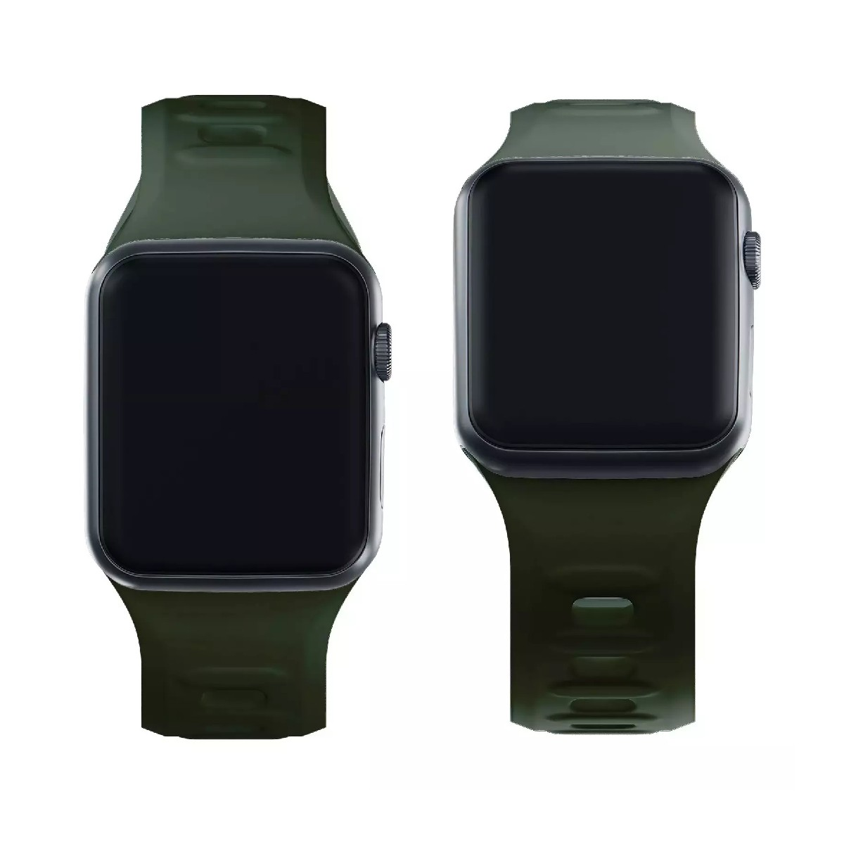 Dwa kwadratowe smartwatche z czarnymi ekranami i ciemnozielonymi paskami.