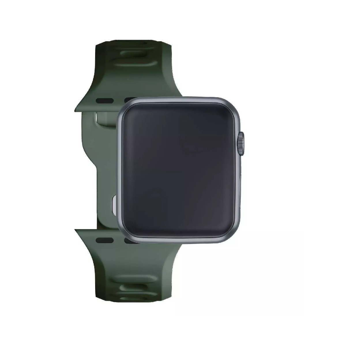 Zielony smartwatch z ciemnym ekranem i srebrną obudową.