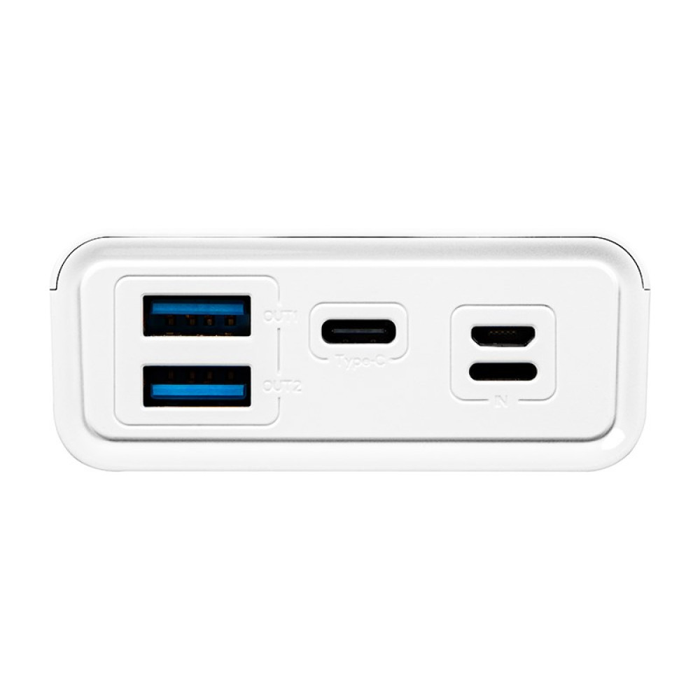 Biały power bank z dwoma portami USB-A, jednym portem USB-C i jednym portem Micro-USB.