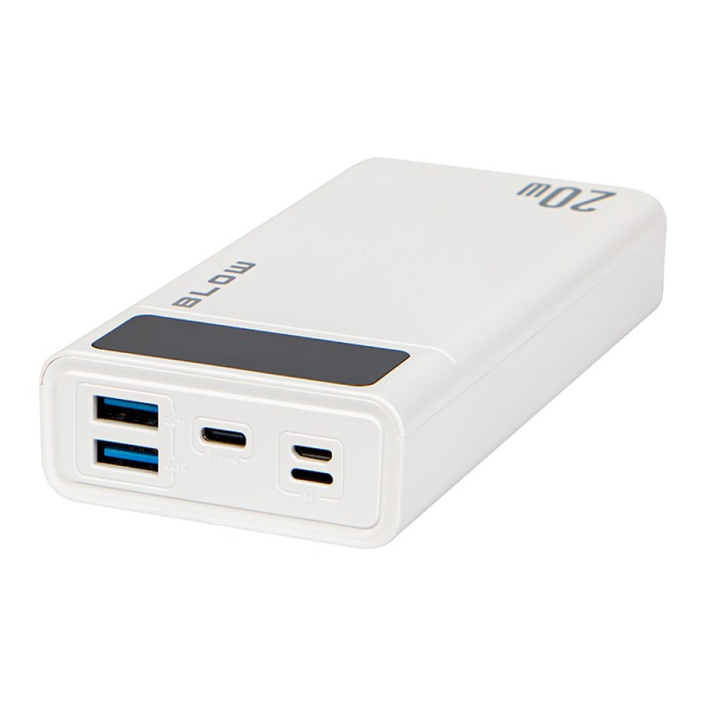 Biały power bank z dwoma portami USB i jednym portem USB-C.