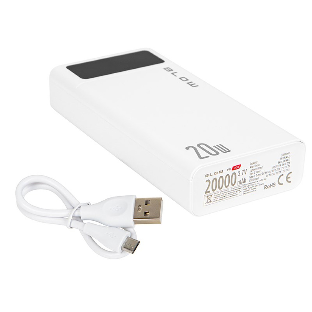 Biały power bank 20000 mAh i kabel USB leżą na białym tle.
