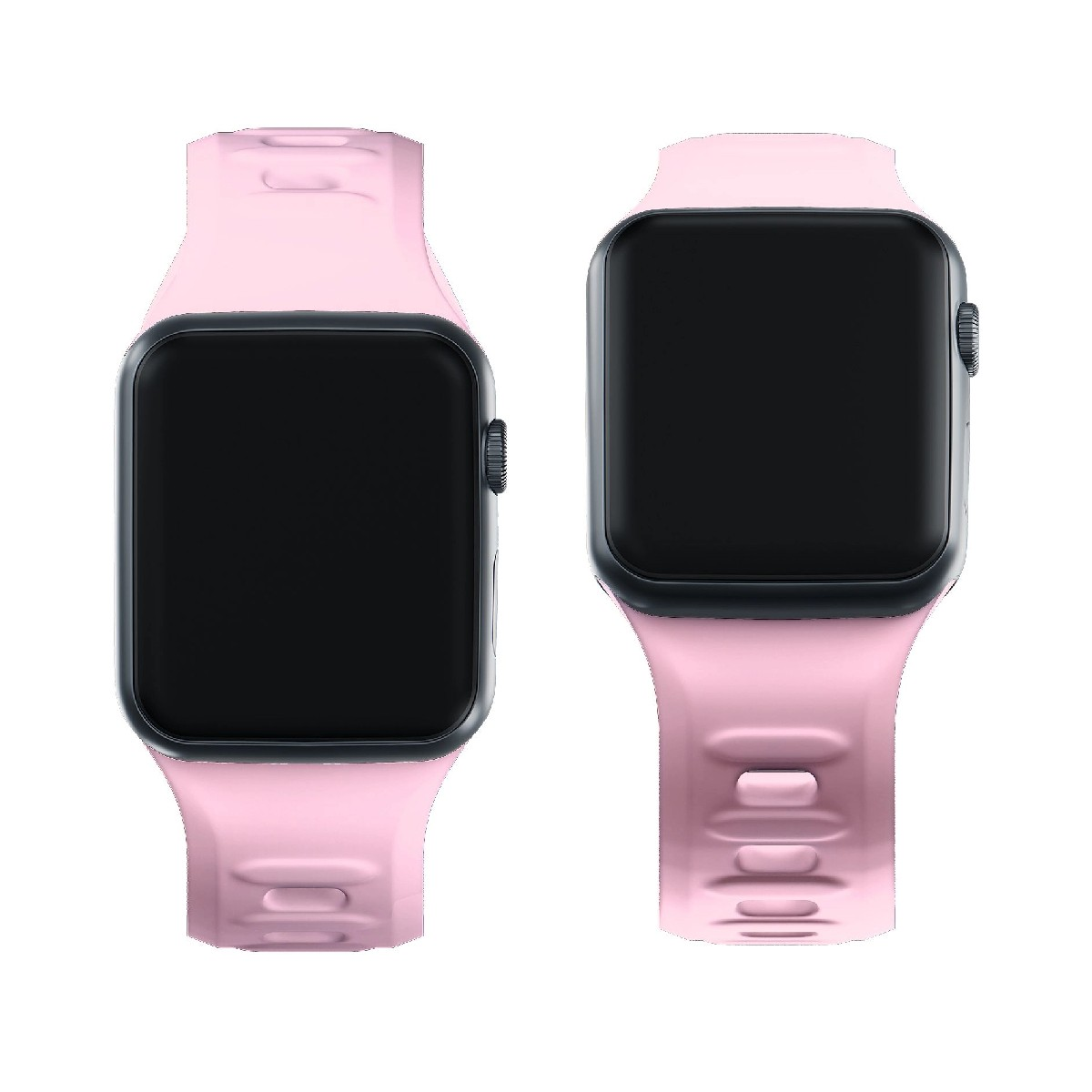 Dwa różowe smartwatche z czarnymi ekranami obok siebie.