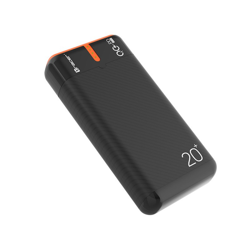 Czarny power bank z pomarańczowymi akcentami i logo QC-PD.
