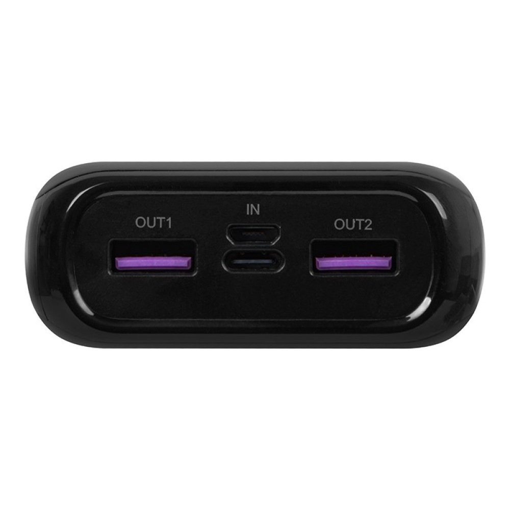 Czarna ładowarka z dwoma portami wyjściowymi USB-A i jednym wejściowym USB-C.