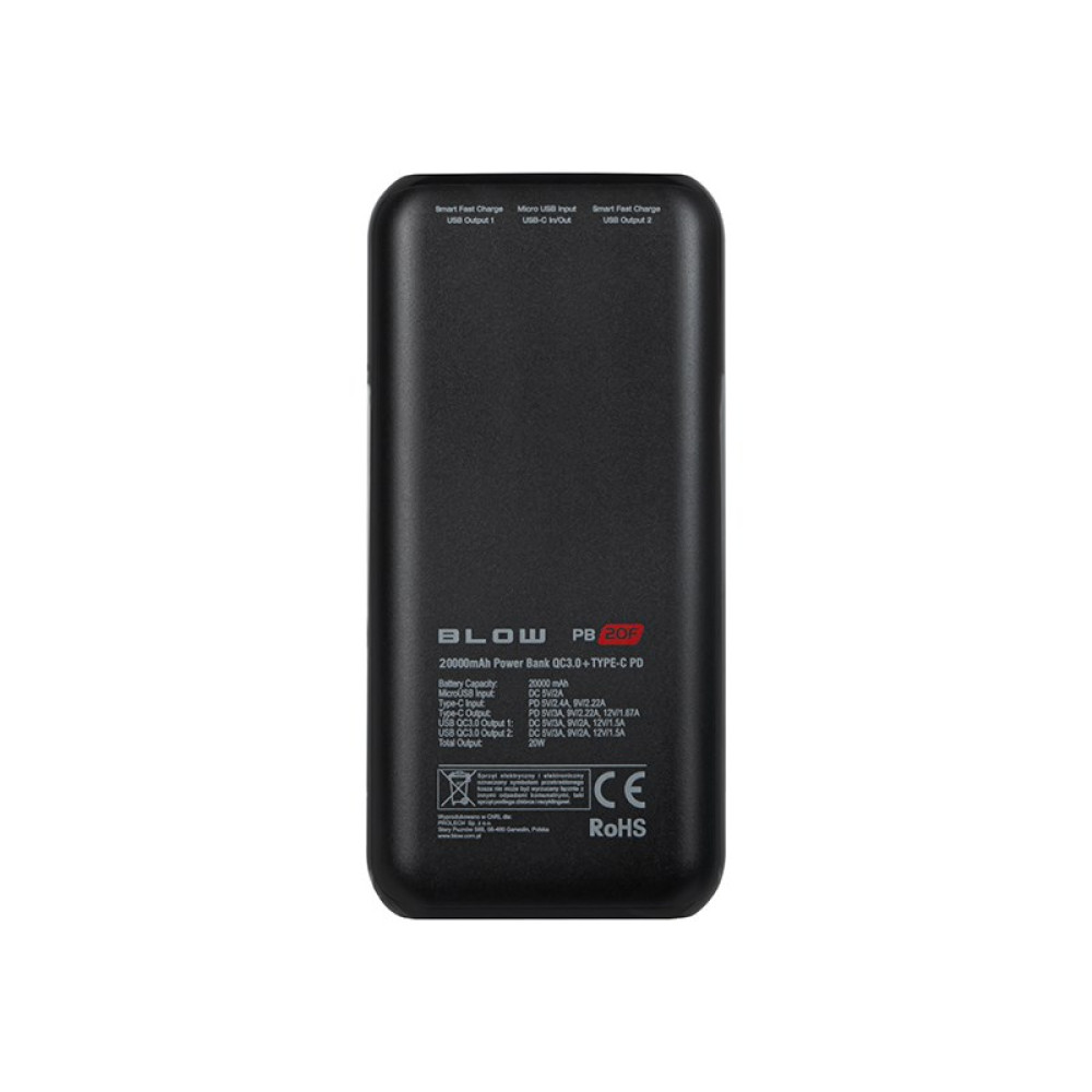 Czarny power bank z napisem: 20000mAh, QC3.0+TYPE-C PD, CE, RoHS.