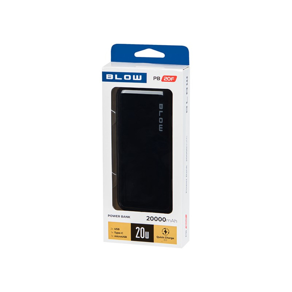 Czarny power bank BLOW 20000mAh z szybkim ładowaniem 3.0 w opakowaniu.
